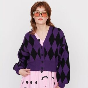 Lazy Oaf Purple Black Harlequin Cardigan Cropped Knit Sweater S | Whimsigoth